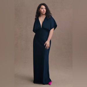 BHLDN Leila Deep-V Flutter-Sleeve Satin A-Line Gown Midnight Blue 22 Plus